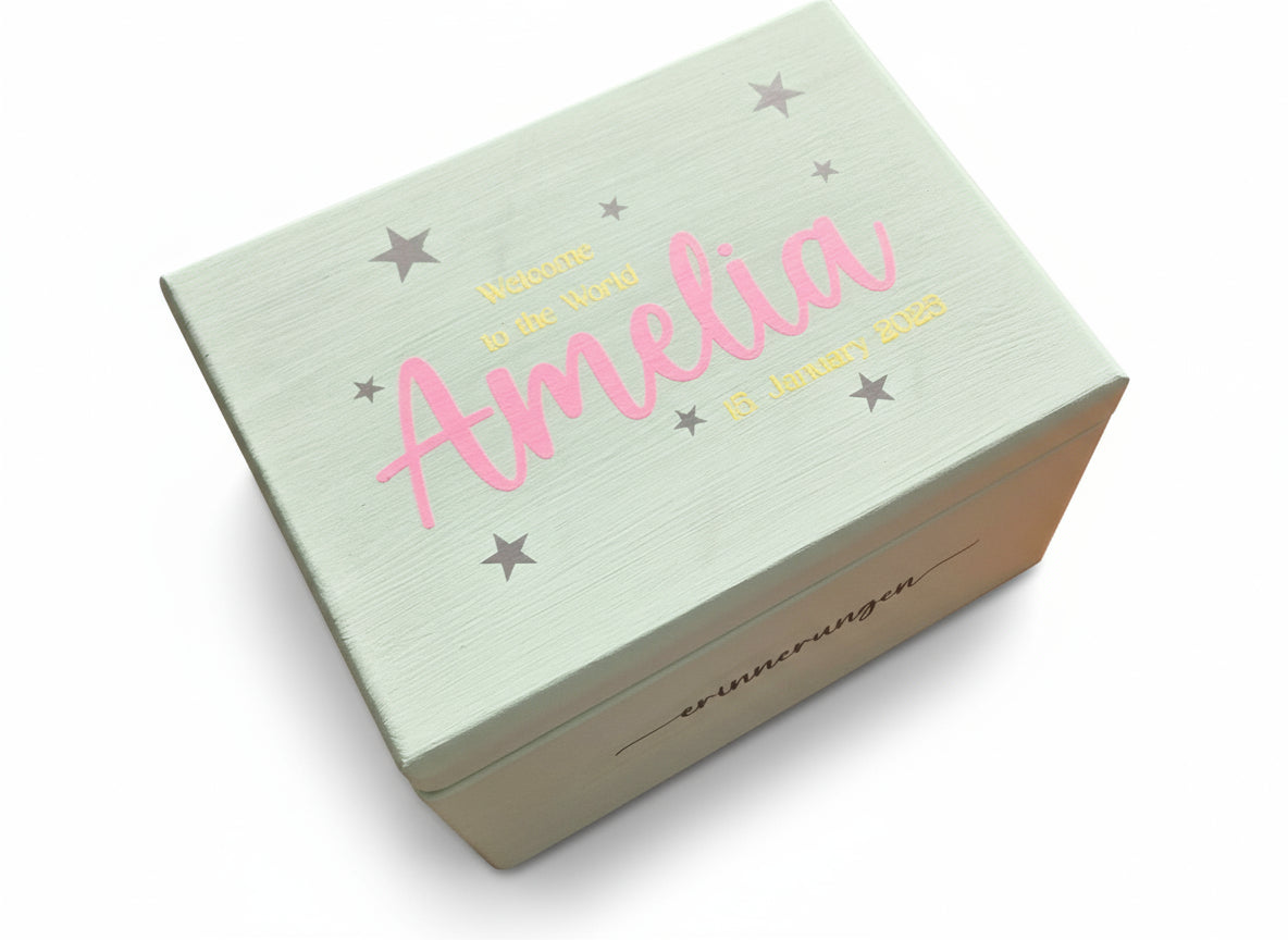 Personalisierte Erinnerungsbox aus Holz – Handbemalt & Mit Namen Veredelt | Geschenk für Geburt & Taufe | Élégance SchriftArt
