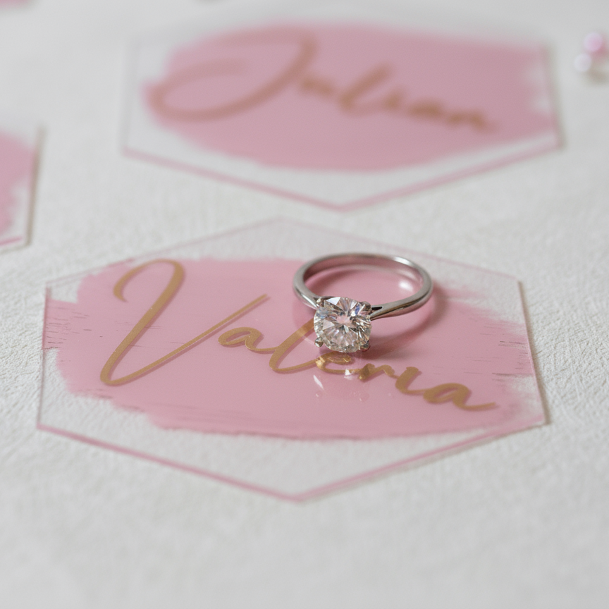 Platzkarten Acryl für Hochzeiten und andere Anlässe Hexagon sechseckig mit Kreidefarbe Rose und Vinyl Gold metallic von Élégance SchriftArt.