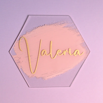 Personalisierte Hexagon Acryl Platzkarten – Handbemalt mit Metallic Vinyl – Élégance SchriftArt