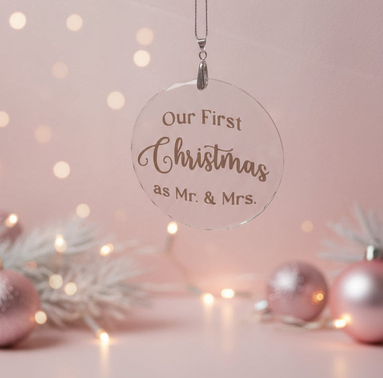 Kristallglas Weihnachtsanhänger silber, Our First Christmas as Mr and Mrs in Gold Vinyl und Rosa hintergrund.