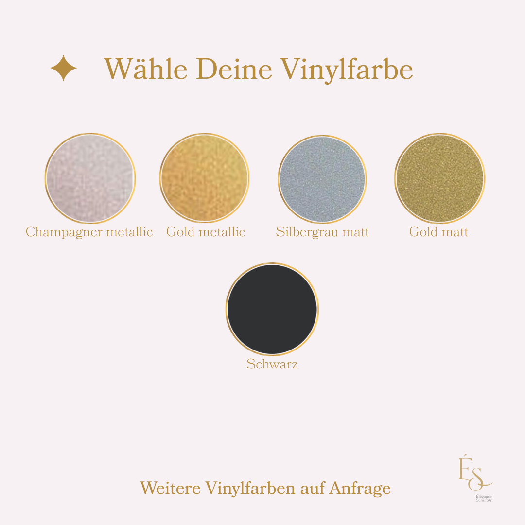 Wähle Deine Vinylfarbe für Acryl Platzkarten in Champagner metallic Gold metallic Silbergrau matt Gold matt Schwarz von Élégance SchriftArt.