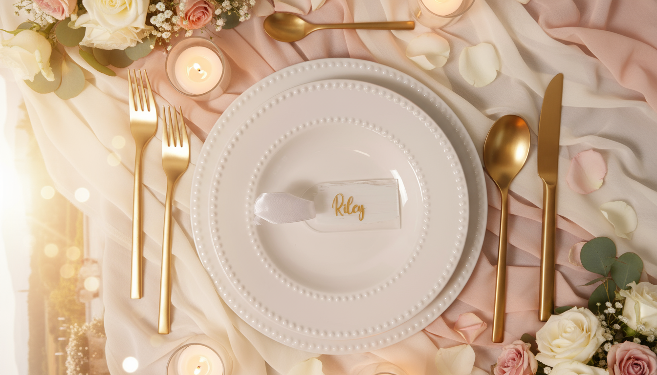 Acryl Namensschilder Hochzeit mit Band in Gold, Weiss.