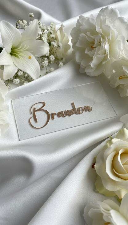 Acryl Namensschilder Hochzeit in Gold,  Transparent, Brandon, rechteckig.