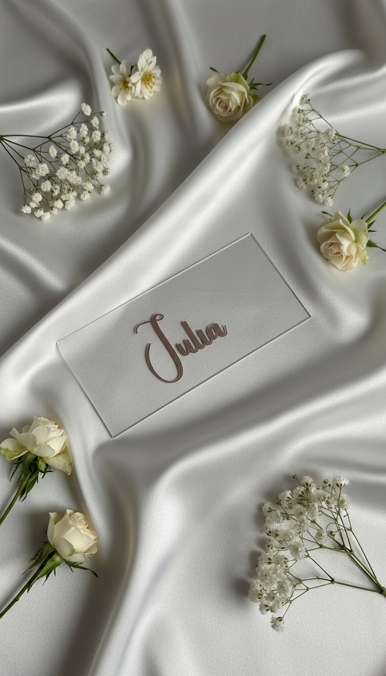 Acryl Namensschilder Hochzeit in Gold, Transparent, rechteckig.