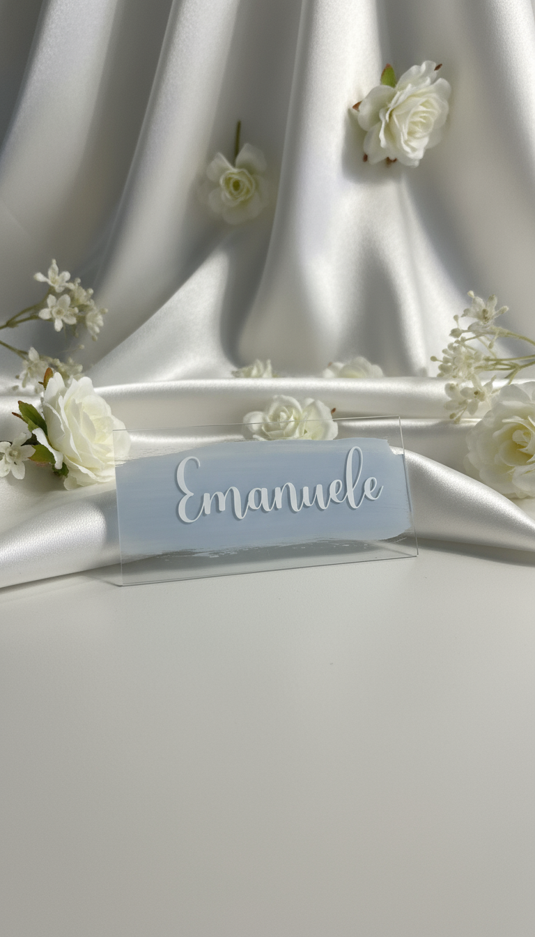 Acryl Namensschilder Hochzeit in Weiss, Blau, set, rechteckig.