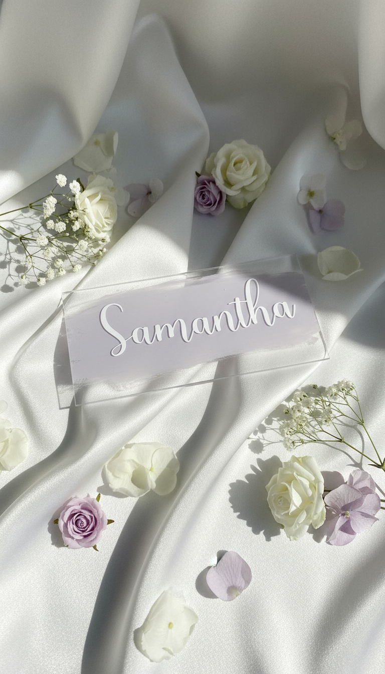 Acryl Namensschilder Hochzeit in Weiss, Lavendel, set, rechteckig.
