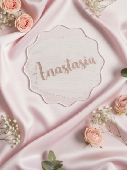 Acryl Namensschilder Hochzeit in Champagner, Weiss, wave.