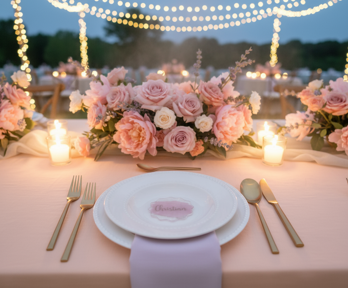 Acryl Namensschilder Hochzeit in Gold, Rosa, wave.